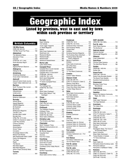 Geographic Index Media Names & Numbers 2009 Geographic Index Listed by Province, West to East and by Town Within Each Province Or Territory