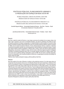 Políticas Públicas, Planejamento Urbano E a Produção Do Espaço Em Boa Vista-Rr
