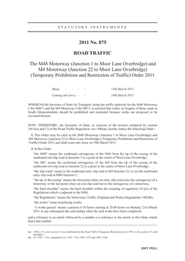 And M4 Motorway (Junction 22 to Moor Lane Overbridge) (Temporary Prohibition and Restriction of Traffic) Order 2011