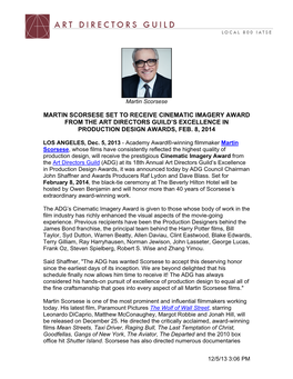 Martin Scorsese Set to Receive Cinematic Imagery Award from the Art Directors Guild’S Excellence in Production Design Awards, Feb