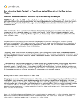 Fox Interactive Media Ranks #1 in Page Views; Yahoo! Sites Attract the Most Unique Visitors Comscore Media Metrix Releases November Top 50 Web Rankings and Analysis