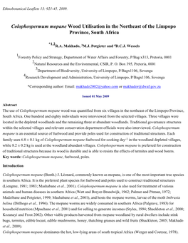 Colophospermum Mopane Wood Utilisation in the Northeast of the Limpopo Province, South Africa