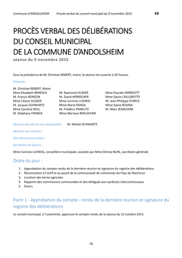 PROCÈS VERBAL DES DÉLIBÉRATIONS DU CONSEIL MUNICIPAL DE LA COMMUNE D’ANDOLSHEIM Séance Du 9 Novembre 2015