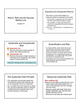 Return, Risk and the Security Market Line Systematic and Unsystematic