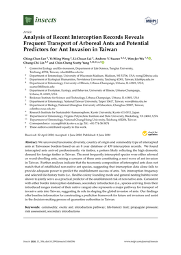 Analysis of Recent Interception Records Reveals Frequent Transport of Arboreal Ants and Potential Predictors for Ant Invasion in Taiwan