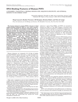 DNA Binding Features of Human POT1 a NONAMER 5Ј-TAGGGTTAG-3Ј MINIMAL BINDING SITE, SEQUENCE SPECIFICITY, and INTERNAL BINDING to MULTIMERIC SITES*