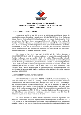 Erupción Delvolcán Chaitén Primer Informe Técnico, 03 De Mayo De 2008 Ovdas-Sernageomin