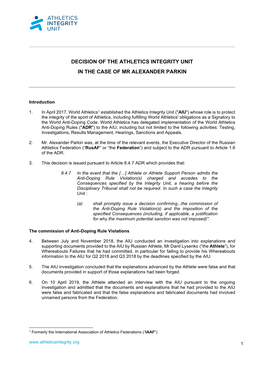 Decision of the Athletics Integrity Unit in the Case of Mr Alexander Parkin