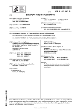 Co-Administration of Pimavanserin with Other Agents Coadministration Von Pimavanserin Mit Anderen Mitteln Co-Administration De Pimavansérine Avec D’Autres Agents