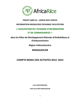Madagascar Compte Rendu Des Activites 2014 -2015