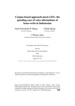 Corpus-Based Approach Meets LFG: the Puzzling Case of Voice Alternations of Kena-Verbs in Indonesian