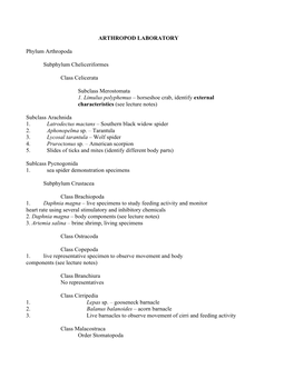 ARTHROPOD LABORATORY Phylum Arthropoda Subphylum Cheliceriformes Class Celicerata Subclass Merostomata 1. Limulus Polyphemus
