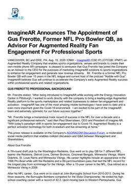 Imaginear Announces the Appointment of Gus Frerotte, Former NFL Pro Bowler QB, As Advisor for Augmented Reality Fan Engagement for Professional Sports