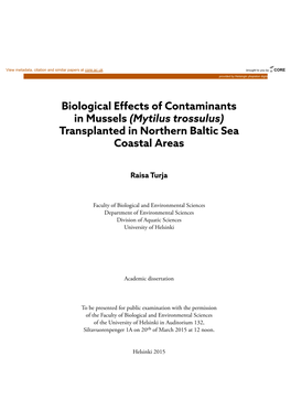 Biological Effects of Contaminants in Mussels (Mytilus Trossulus) Transplanted in Northern Baltic Sea Coastal Areas