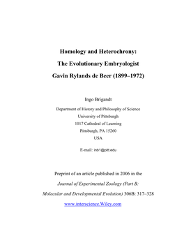 The Evolutionary Embryologist Gavin Rylands De Beer (1899–1972)