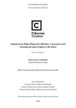 Animal Use in Major Depressive Disorder: a Necessary Evil? Assessing the Past to Improve the Future