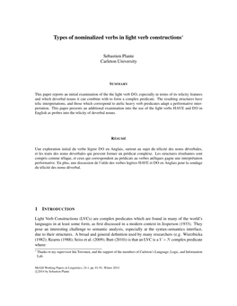 Types of Nominalized Verbs in Light Verb Constructions∗