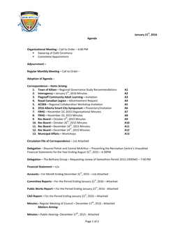 Page 1 of 2 January 21St, 2016 Agenda Organizational Meeting – Call to Order – 6:00 PM Swearing of Oath Ceremony Co