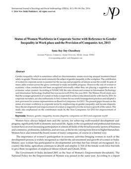 Status of Women Workforce in Corporate Sector with Reference to Gender Inequality in Work Place and the Provision of Companies Act, 2013