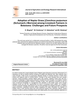 Adoption of Napier Grass [Cenchrus Purpureus (Schumach.) Morrone] Among Livestock Farmers in Botswana: Challenges and Future Prospects