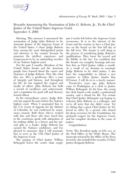 Remarks Announcing the Nomination of John G. Roberts, Jr., to Be Chief Justice of the United States Supreme Court September 5, 2005