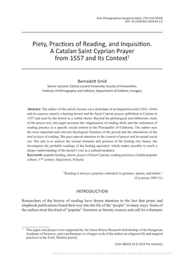 Piety, Practices of Reading, and Inquisition. a Catalan Saint Cyprian Prayer from 1557 and Its Context1