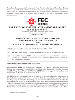 FAR EAST CONSORTIUM INTERNATIONAL LIMITED 遠東發展有限公司* (Incorporated in the Cayman Islands with Limited Liability) Website: (Stock Code: 35)