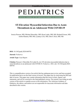 ST-Elevation Myocardial Infarction Due to Acute Thrombosis in an Adolescent with COVID-19