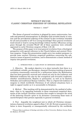 Without Excuse: Classic Christian Exegesis of General Revelation Thomas C