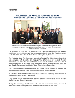 Philcongen Los Angeles Supports Renewal of Bacolod-Long Beach Sister City Relationship