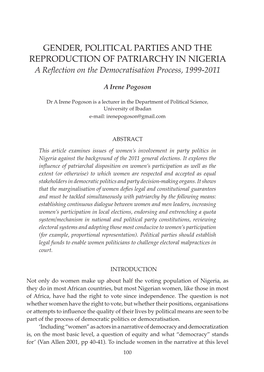 GENDER, POLITICAL PARTIES and the REPRODUCTION of PATRIARCHY in NIGERIA a Reflection on the Democratisation Process, 1999-2011