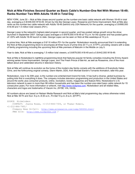 Nick at Nite Finishes Second Quarter As Basic Cable's Number-One Net with Women 18-49; Ranks Number Two with Adults 18-49 in Total Day
