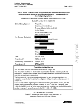 Approved Amendment 2 07 May 2019 Confidentiality Notice This Document Contains Confidential Information of Amgen Inc