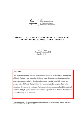 Assessing the Terrorist Threat in the Tri-Border Area of Brazil, Paraguay and Argentia