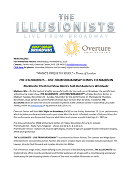 THE ILLUSIONISTS – LIVE from BROADWAY COMES to MADISON Blockbuster Theatrical Show Dazzles Sold-Out Audiences Worldwide Madison, Wis