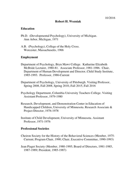 10/2016 Robert H. Wozniak Education Ph.D. (Developmental Psychology