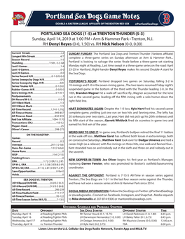 PORTLAND SEA DOGS (1-5) at TRENTON THUNDER (5-3) Sunday, April 14, 2019 at 1:00 PM • Arm & Hammer Park • Trenton, N.J