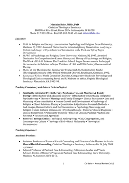 1 CV Beier – Annual Review 2012 Matthias Beier, Mdiv, Phd Christian Theological Seminary 1000West 42Nd Street, Room 202 • In