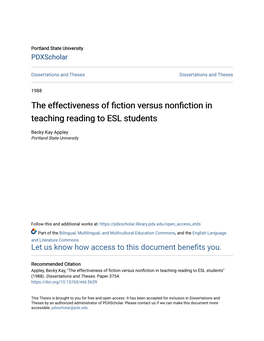 The Effectiveness of Fiction Versus Nonfiction in Teaching Reading to Esl Students