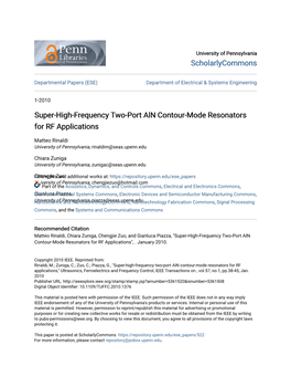 Super-High-Frequency Two-Port Aln Contour-Mode Resonators for RF Applications