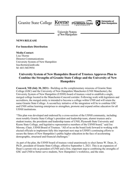 University System of New Hampshire Board of Trustees Approves Plan to Combine the Strengths of Granite State College and the University of New Hampshire