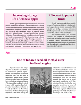 Ëbiocureí to Protect Fruits Increasing Storage Life of Cashew Apple Use of Tobacco Seed Oil Methyl Ester in Diesel Engine