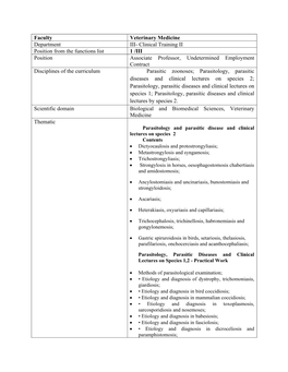 Faculty Veterinary Medicine Department III- Clinical Training II Position from the Functions List 1 /III Position Associate Prof