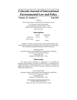 Colorado Journal of International Environmental Law and Policy Volume 22, Number 3 Fall 2011 © 2011 by the Colorado Journal of International Environmental Law, Inc