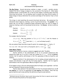 Math 233 Hessians Fall 2001 and Unconstrained Optimization