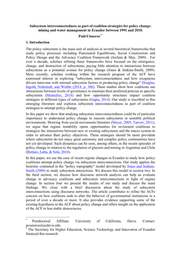 Subsystem Interconnectedness As Part of Coalition Strategies for Policy Change: Mining and Water Management in Ecuador Between 1991 and 2010