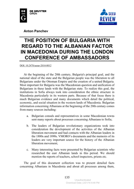The Position of Bulgaria with Regard to the Albanian Factor in Macedonia During the London Conference of Ambassadors