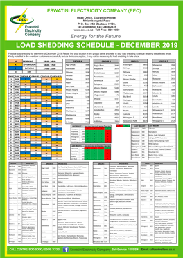 Load Shedding Schedule - December 2019