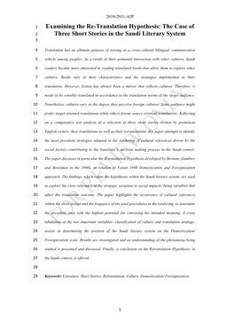 Examining the Re-Translation Hypothesis: the Case of 2 Three Short Stories in the Saudi Literary System 3