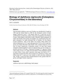 Biology of Aphthona Nigriscutis (Coleoptera: 1 Chrysomelidae) in the Laboratory